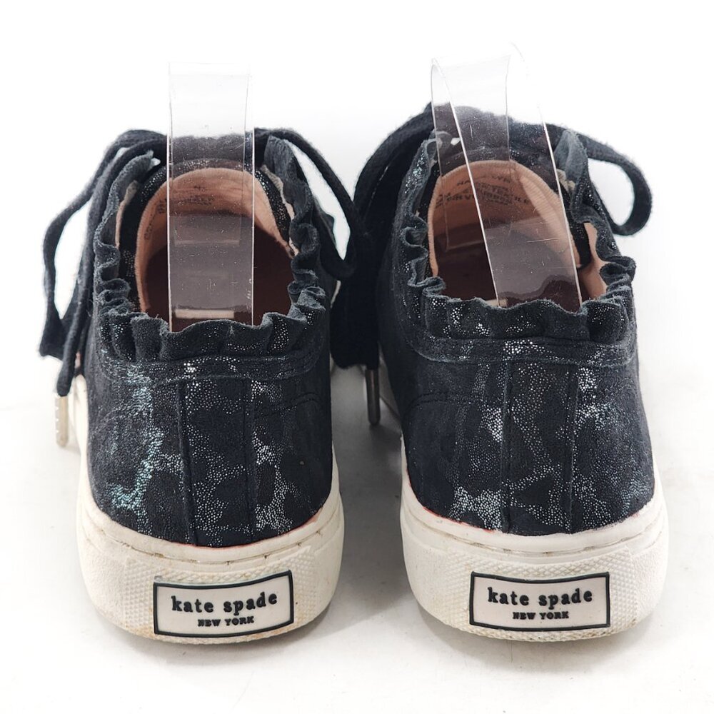KATE SPADE Lynn Leather Metallic Leopard Print Sneakers Ruffle Black Silver 5.5 - Picture 4 of 7